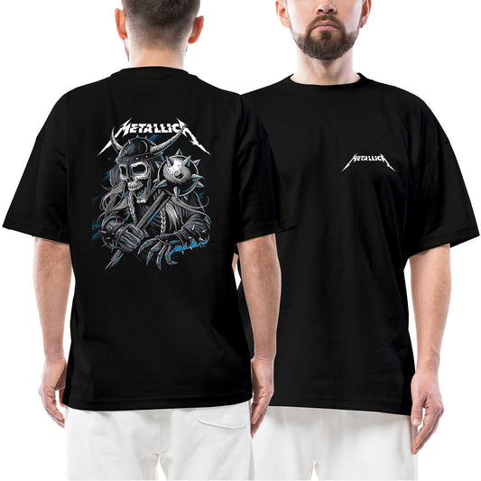 Metallica Skull Vikings Ön Arka Baskılı Siyah Oversize Tişört