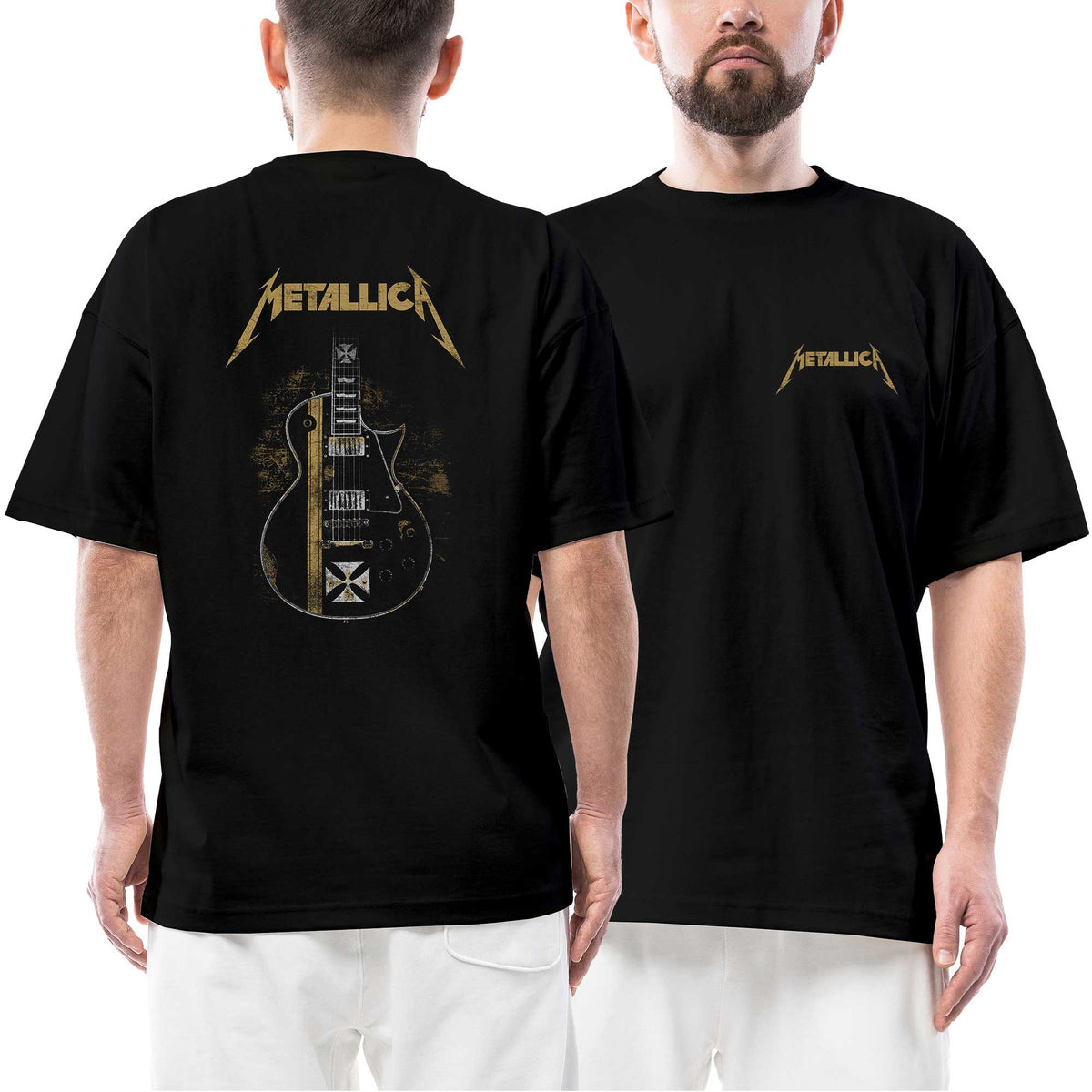 Metallica İron Cross Guitar Ön Arka Baskılı Siyah Oversize Tişört