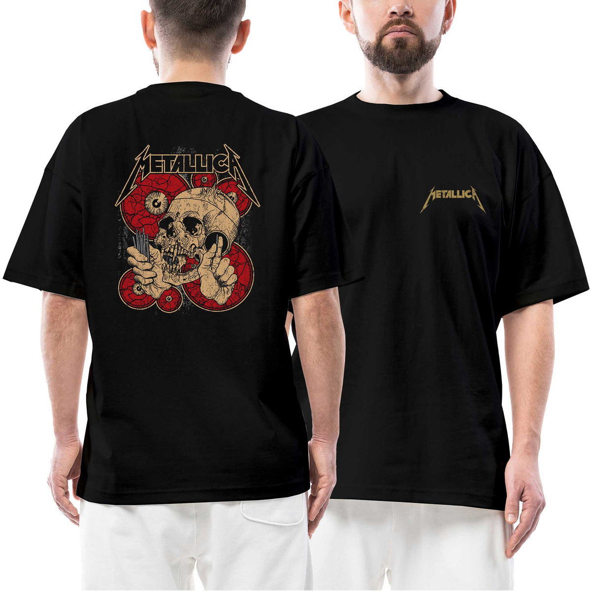 Metallica Battery Skull Ön Arka Baskılı Siyah Oversize Tişört