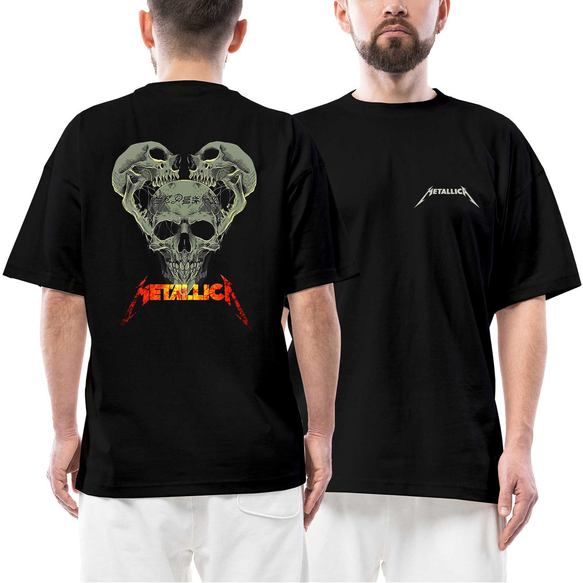Metallica 3 Skull Heads Ön Arka Baskılı Siyah Oversize Tişört