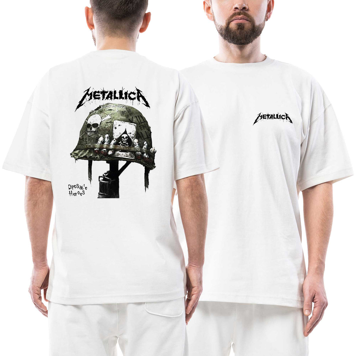 Metallica Diposab'e-Heroes Helmet Ön Arka Baskılı Beyaz Oversize Tişört