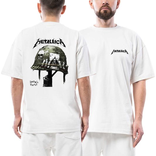 Metallica Diposab'e-Heroes Helmet Ön Arka Baskılı Beyaz Oversize Tişört