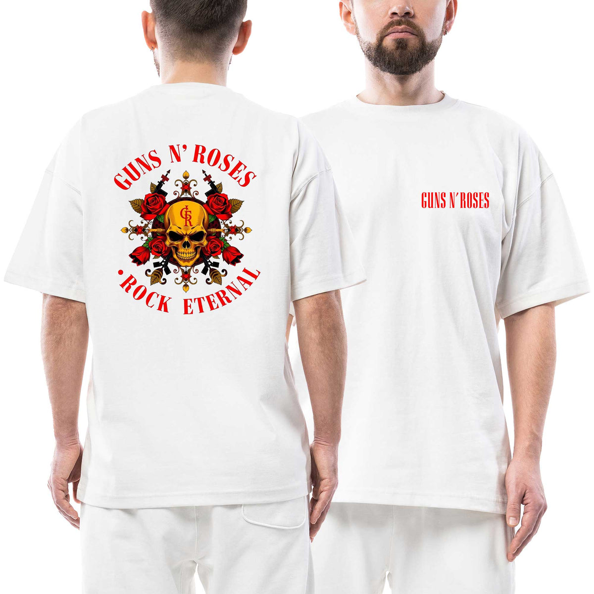 Guns N Roses Rock Eternal Skull Ön Arka Baskılı Beyaz Oversize Tişört