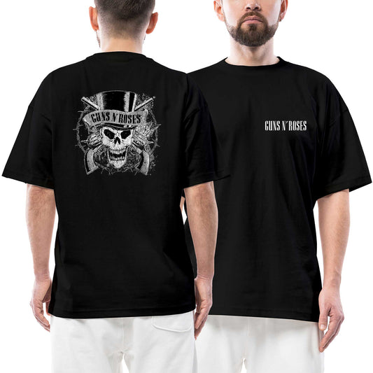 Guns N Roses Vintage Damaged Skull Ön Arka Baskılı Siyah Oversize Tişört