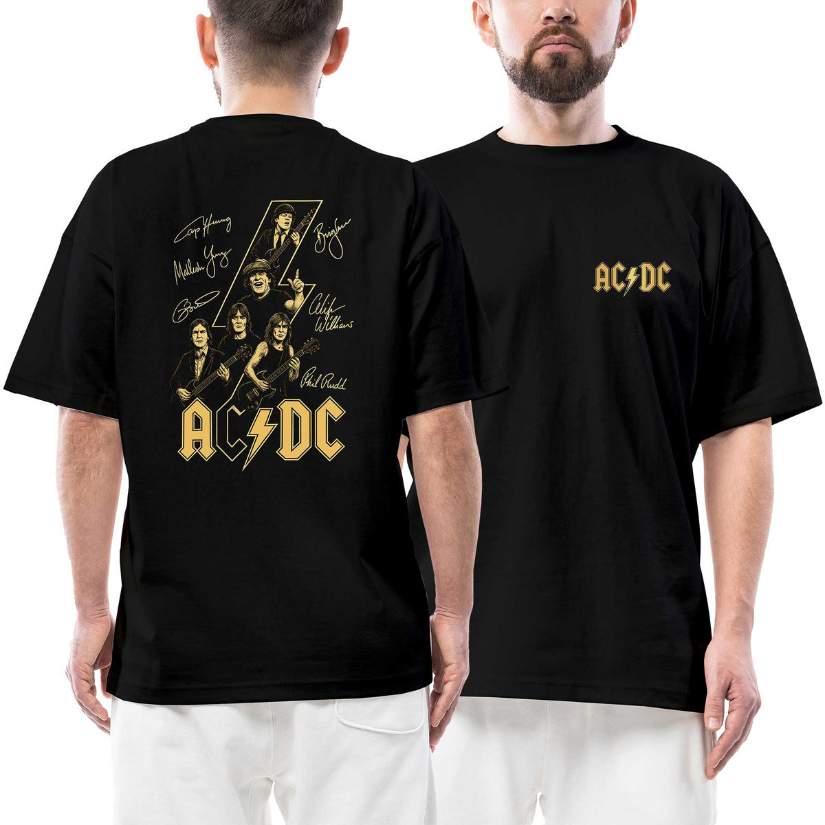 Ac Dc Grup İmza Ön Arka Baskılı Siyah Oversize Tişört