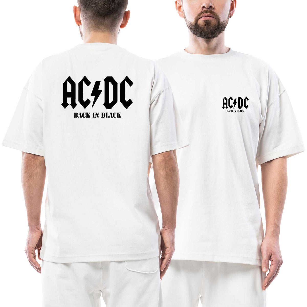 Ac Dc Back İn Black Text Ön Arka Baskılı Beyaz Oversize Tişört