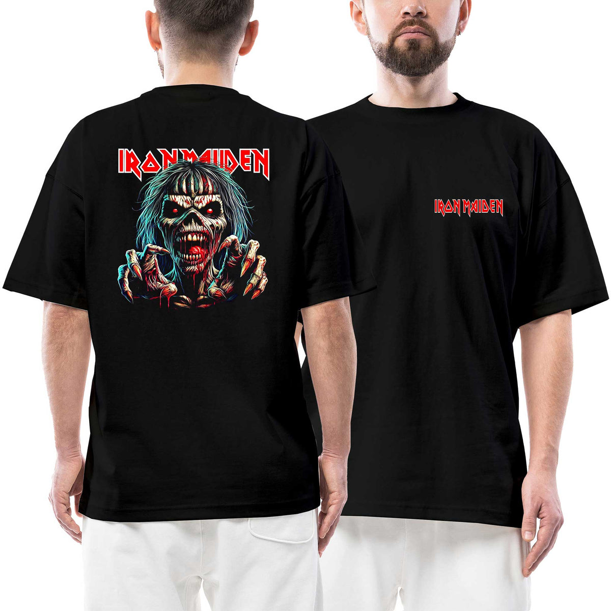 İron Maiden Zombie Eddie Claws Face Ön Arka Baskılı Siyah Oversize Tişört