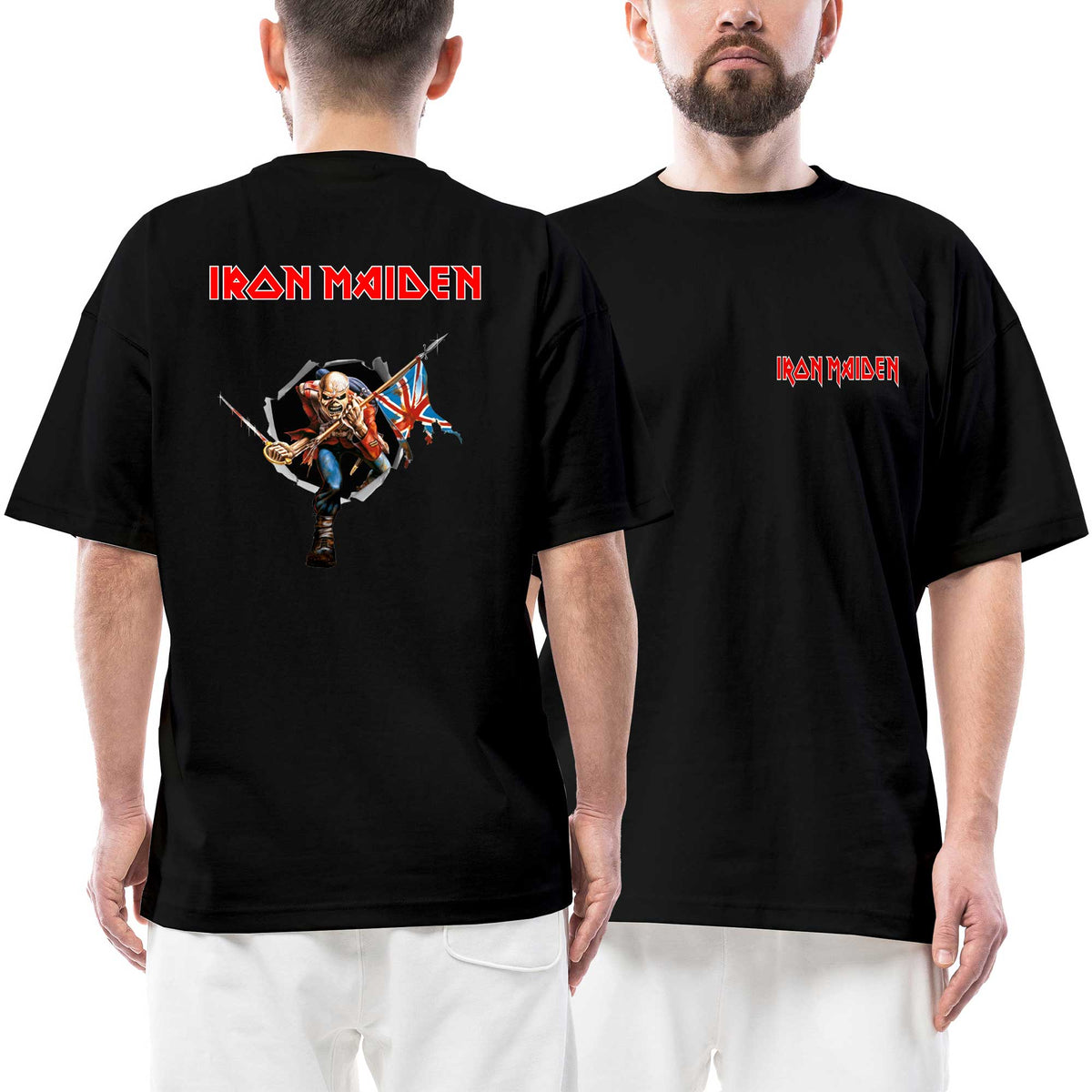 İron Maiden Trooper Eddie Flag Ön Arka Baskılı Siyah Oversize Tişört
