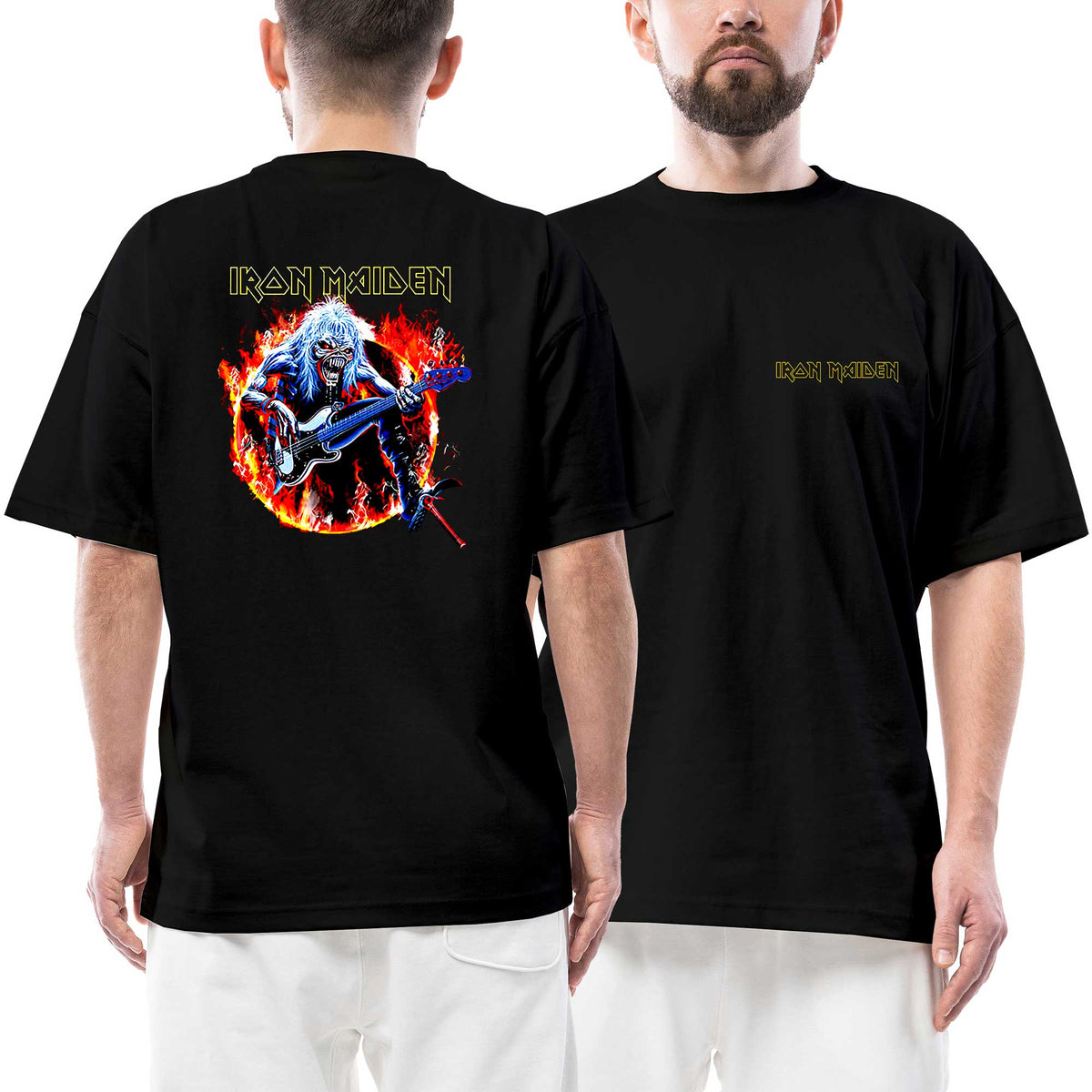 İron Maiden Eddie Fire Ön Arka Baskılı Siyah Oversize Tişört