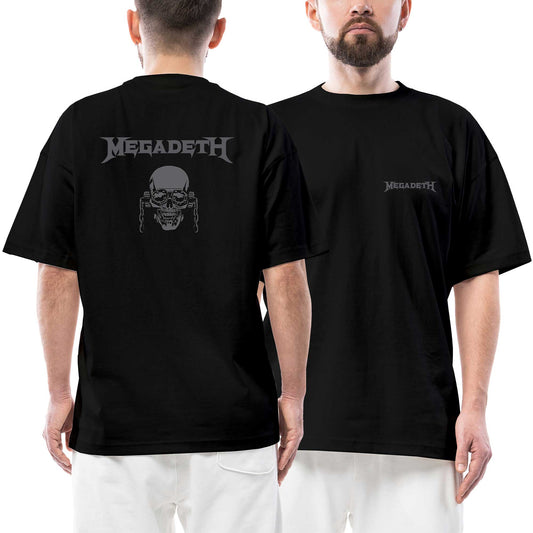 Megadeth Gray Logo Vic Rattlehead Ön Arka Baskılı Siyah Oversize Tişört