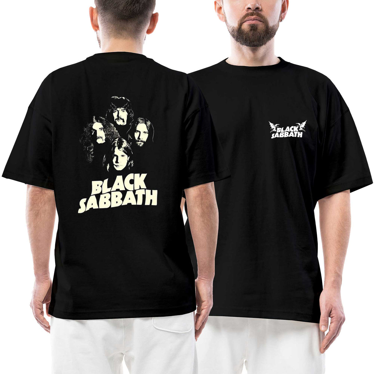 Black Sabbath Logo Grup Silüet Ön Arka Baskılı Siyah Oversize Tişört