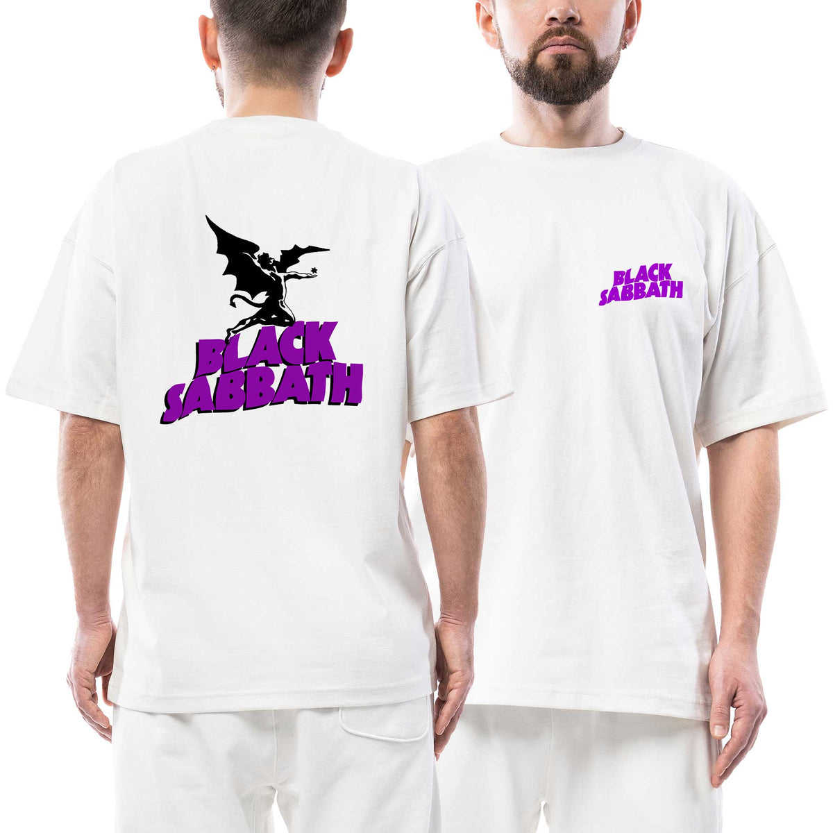 Black Sabbath Purple Text Cover Ön Arka Baskılı Beyaz Oversize Tişört