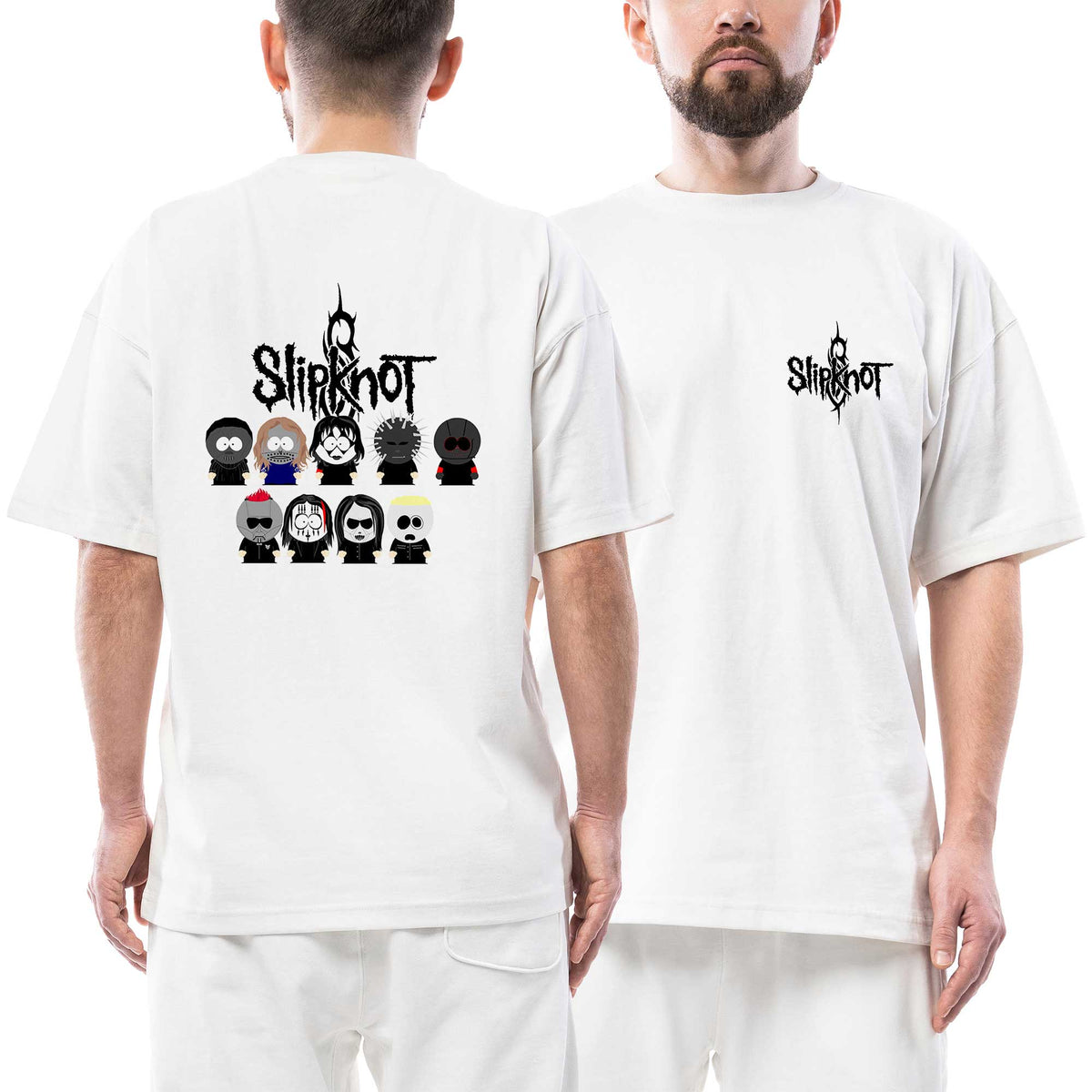 Slipknot Black Text Cartoon Ön Arka Baskılı Beyaz Oversize Tişört