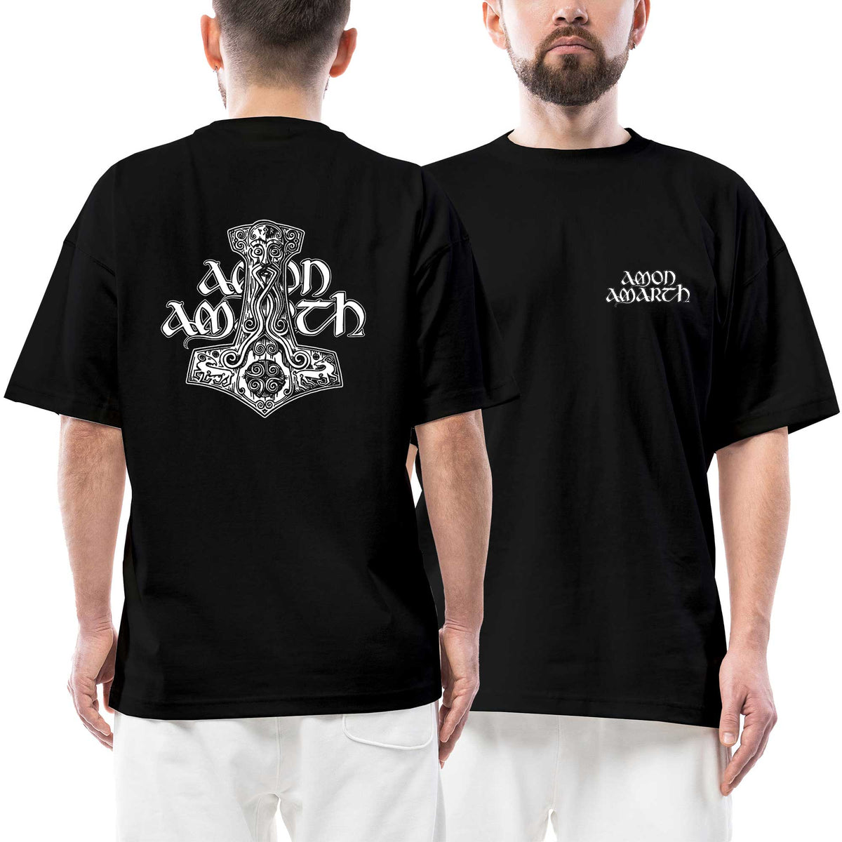 Amon Amarth Text Thor Hammer Ön Arka Baskılı Siyah Oversize Tişört