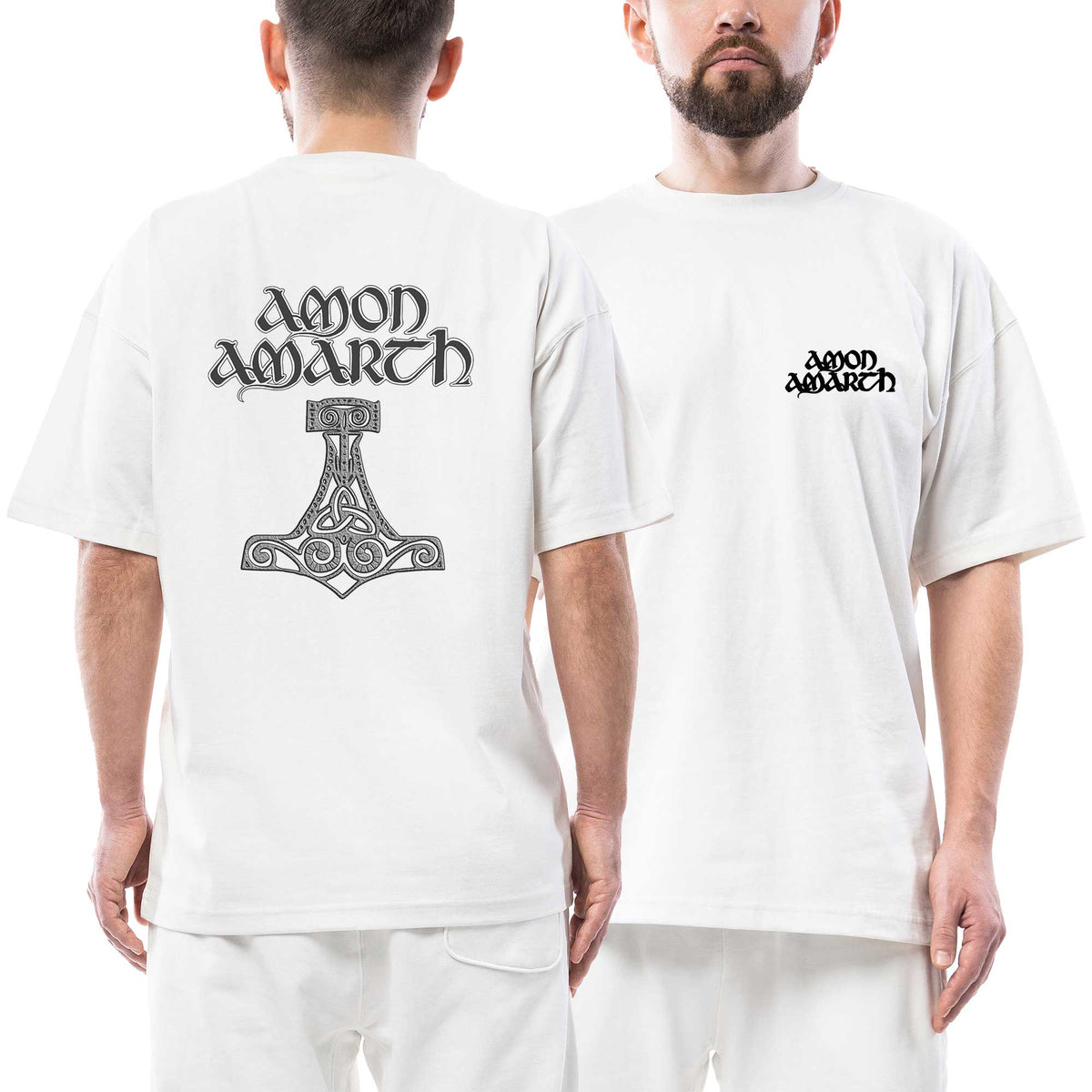 Amon Amarth Text Mjolnir Ön Arka Baskılı Beyaz Oversize Tişört