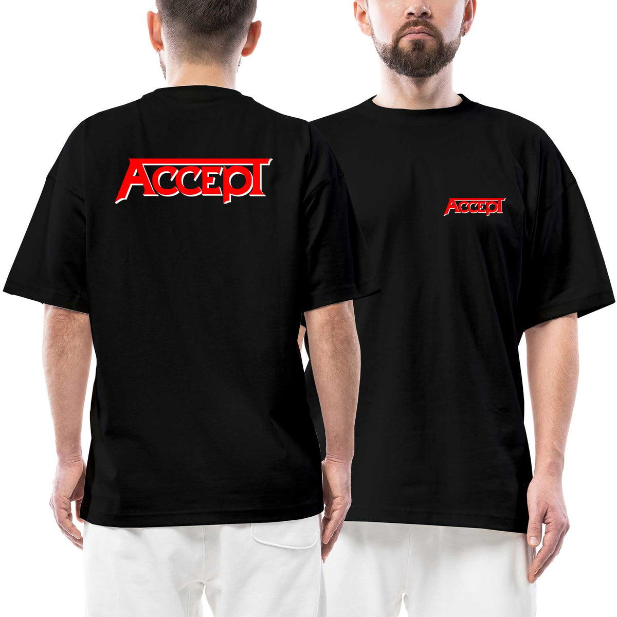 Accept Classic Red Ön Arka Baskılı Siyah Oversize Tişört