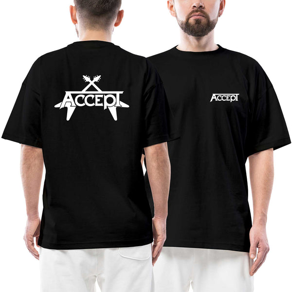 Accept Classic Logo Guitar Ön Arka Baskılı Siyah Oversize Tişört