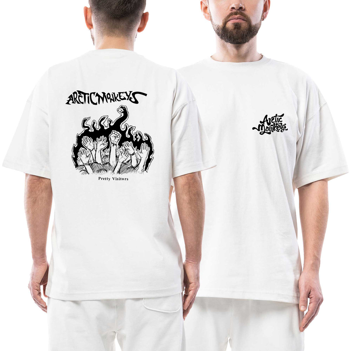 Arctic Monkeys Wave Logo Pretty Visitors Ön Arka Baskılı Beyaz Oversize Tişört