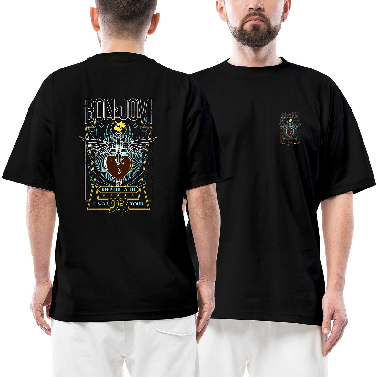 Bon Jovi Tour 93 Ön Arka Baskılı Siyah Oversize Tişört