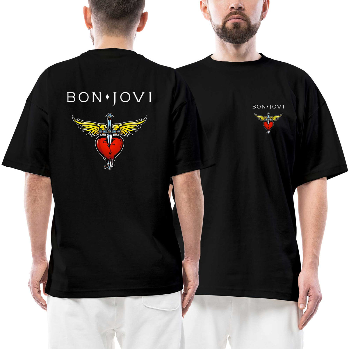 Bon Jovi Hearth Text Ön Arka Baskılı Siyah Oversize Tişört