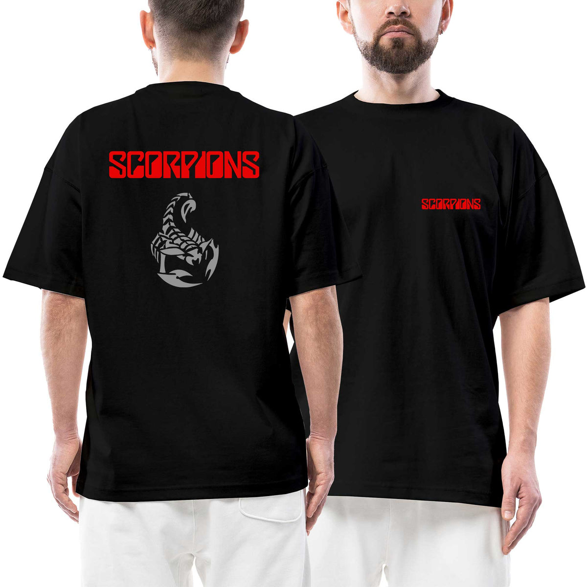 Scorpions Red Text Ön Arka Baskılı Siyah Oversize Tişört