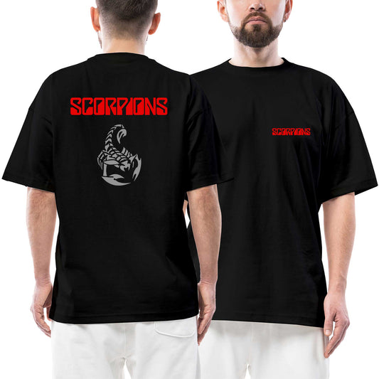 Scorpions Red Text Ön Arka Baskılı Siyah Oversize Tişört