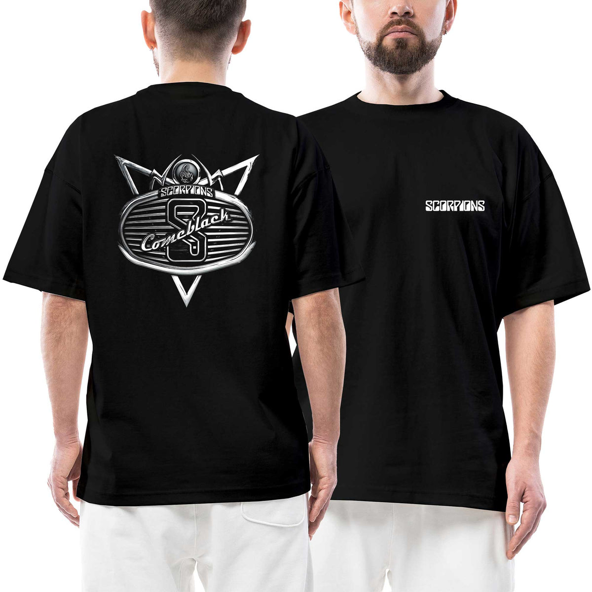 Scorpions Come Black Metalic Ön Arka Baskılı Siyah Oversize Tişört