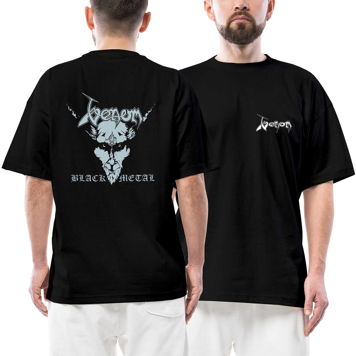 Venom Black Metal Silver Head Ön Arka Baskılı Siyah Oversize Tişört
