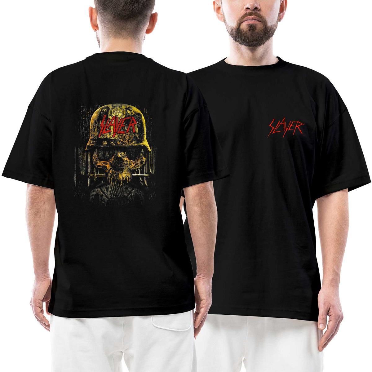Slayer İron Helmet Soldier Ön Arka Baskılı Siyah Oversize Tişört