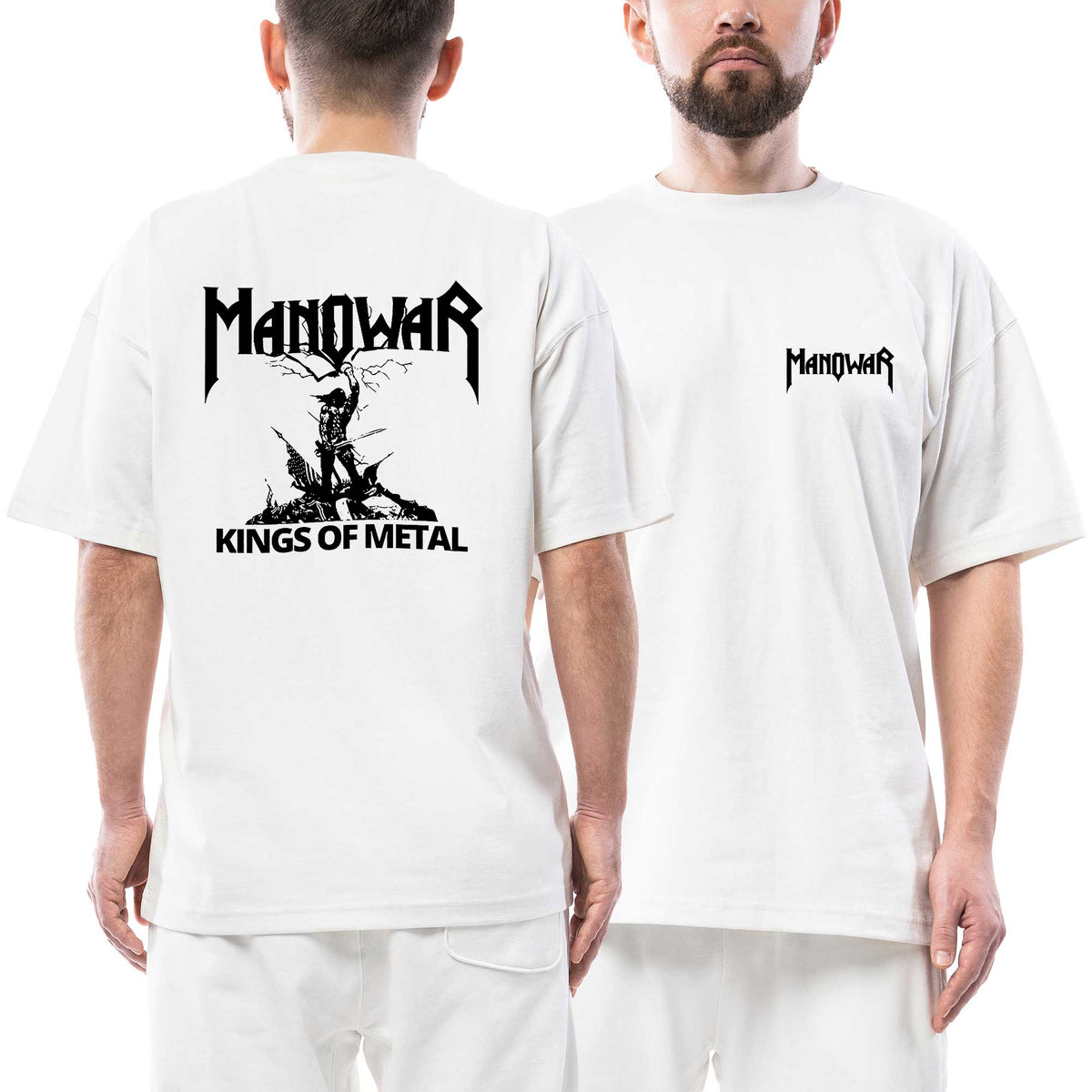 Manowar King Of Metal Black Logo Ön Arka Baskılı Beyaz Oversize Tişört
