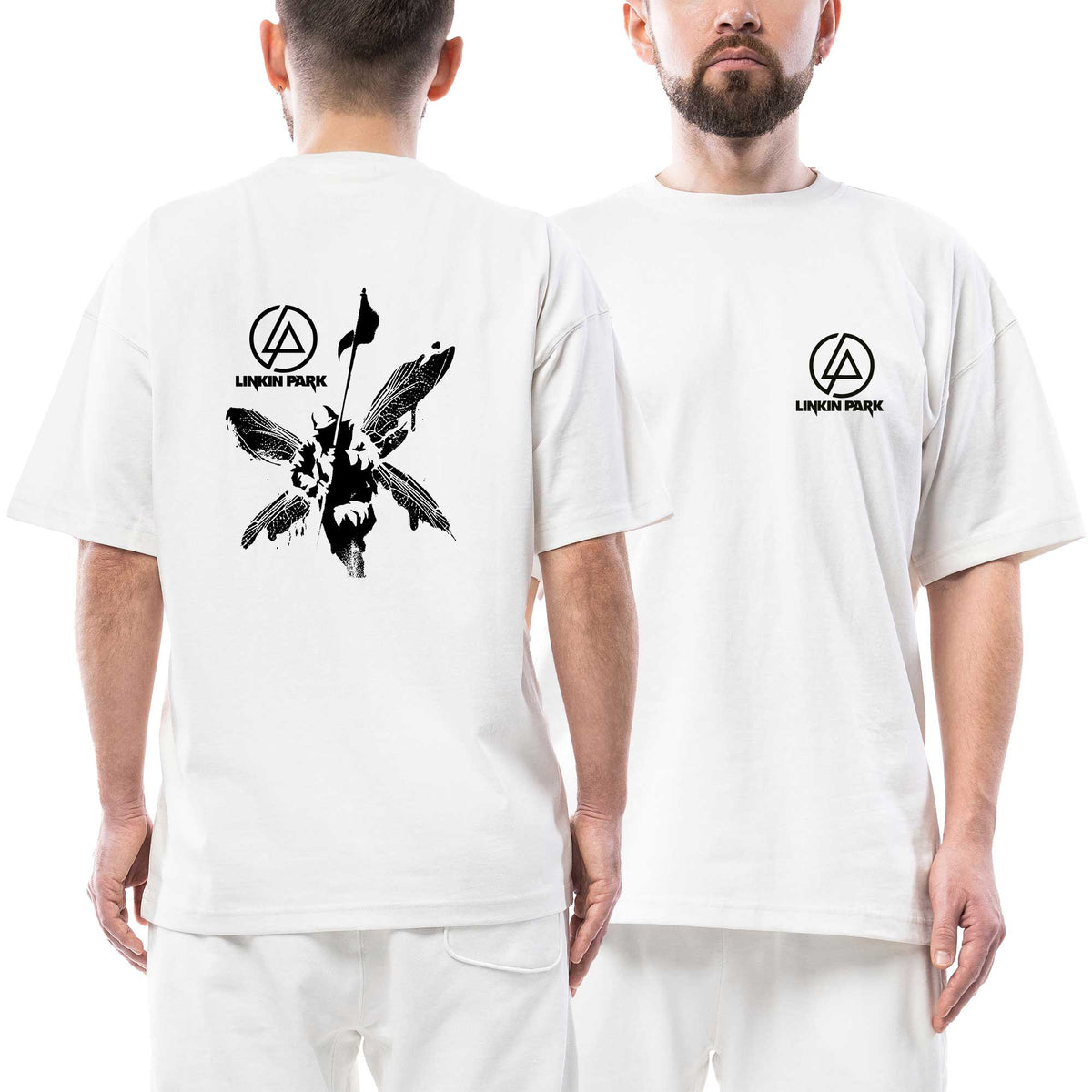 Linkin Park Butterfly Black Logo And Text Ön Arka Baskılı Beyaz Oversize Tişört