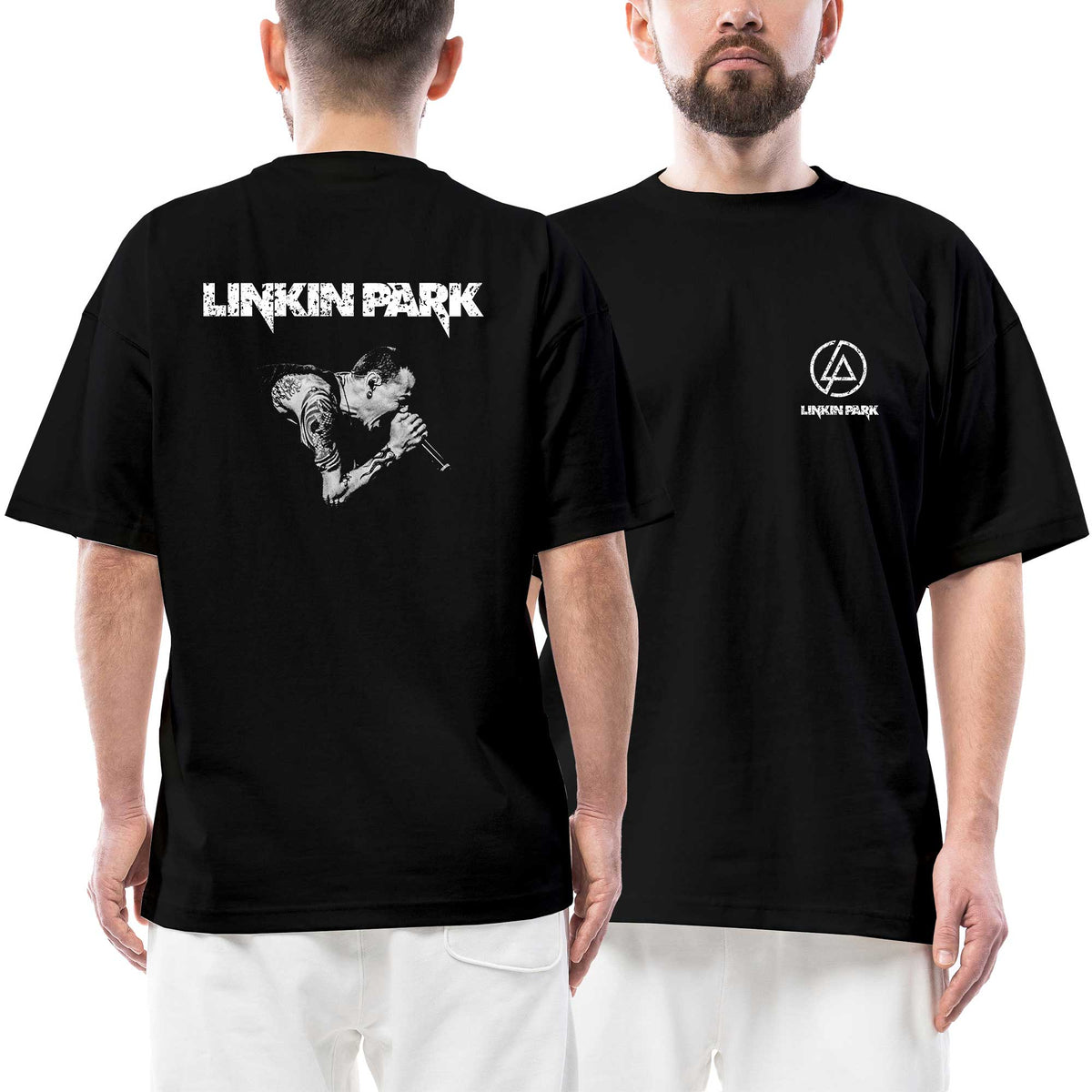 Linkin Park Chester Text Logo Ön Arka Baskılı Siyah Oversize Tişört