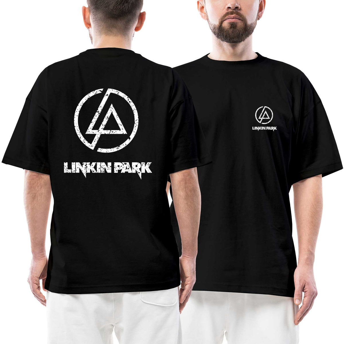 Linkin Park Logo Split Ön Arka Baskılı Siyah Oversize Tişört