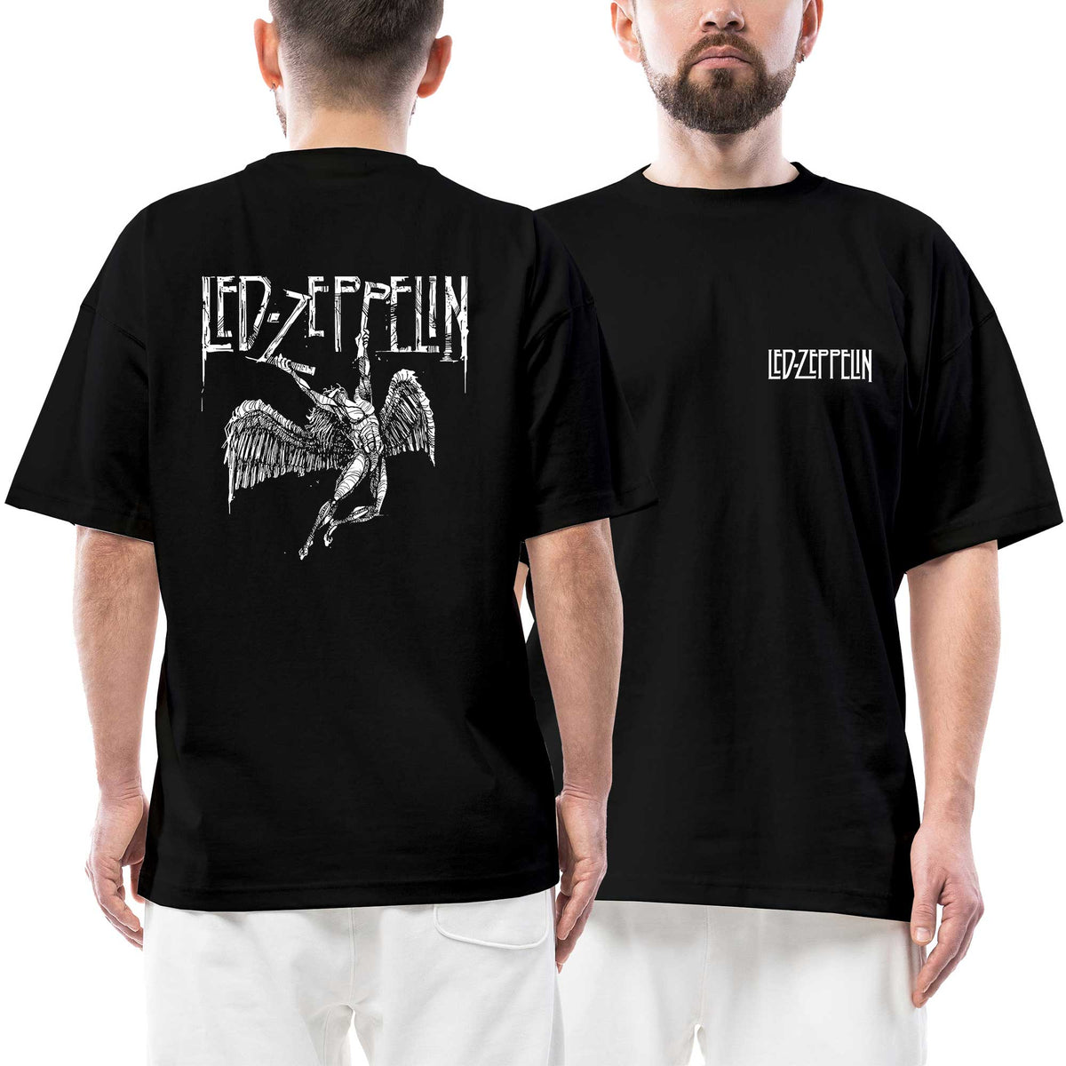 Led Zeppelin Failing Angel Logo Text Ön Arka Baskılı Siyah Oversize Tişört