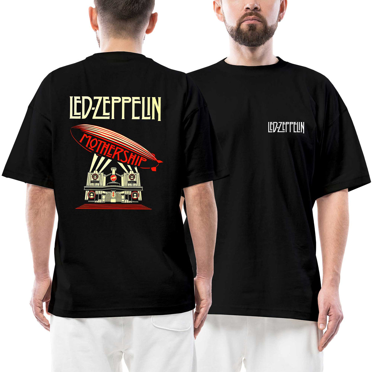 Led Zeppelin Mothership Logo Text Ön Arka Baskılı Siyah Oversize Tişört