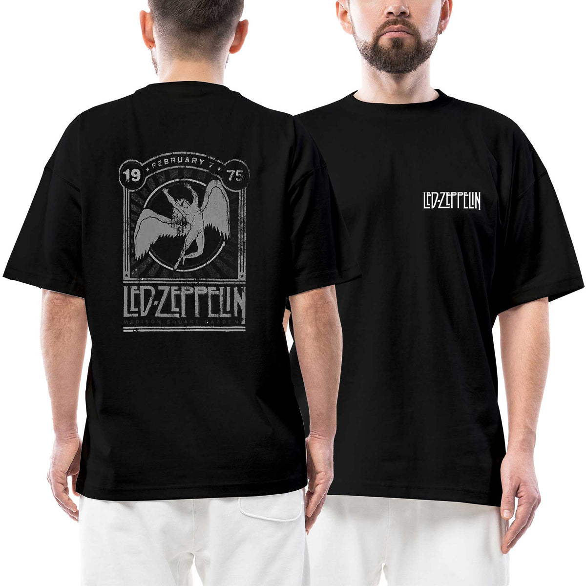 Led Zeppelin Angel 1975 Ön Arka Baskılı Siyah Oversize Tişört