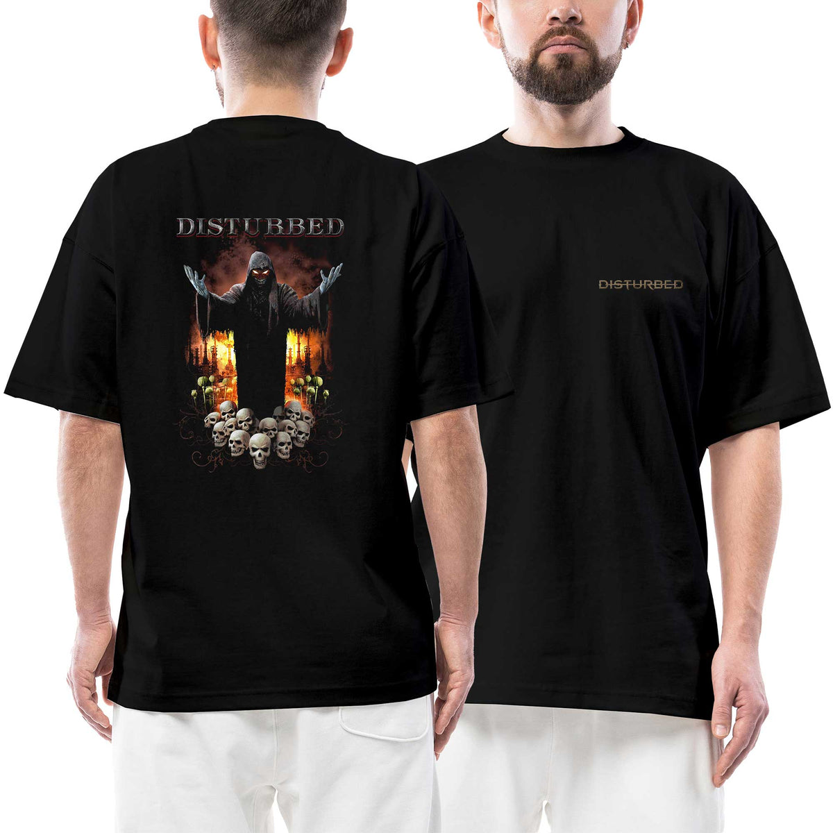 Disturbed Text Skulls Ön Arka Baskılı Siyah Oversize Tişört