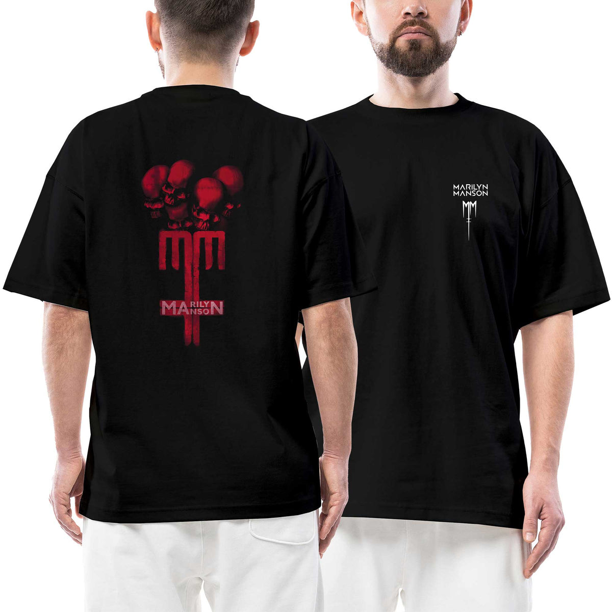 Marilyn Manson Red Skull Ön Arka Baskılı Siyah Oversize Tişört