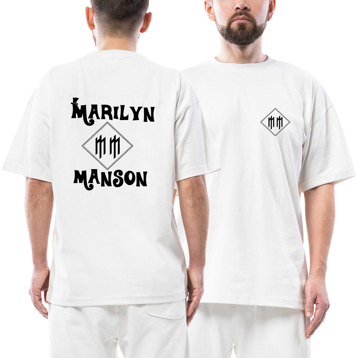Marilyn Manson Black Text Logo Ön Arka Baskılı Beyaz Oversize Tişört