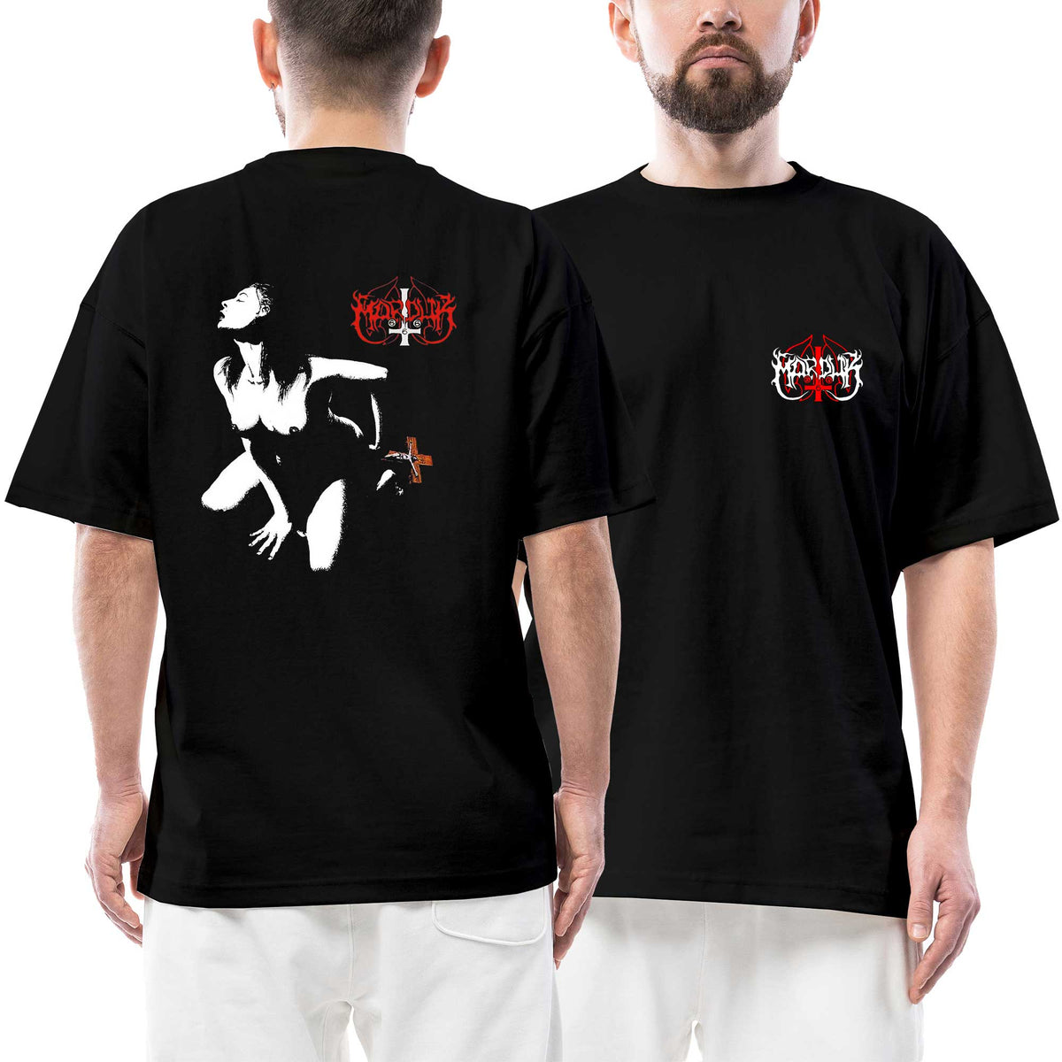 Marduk Red Logo Underground Ön Arka Baskılı Siyah Oversize Tişört