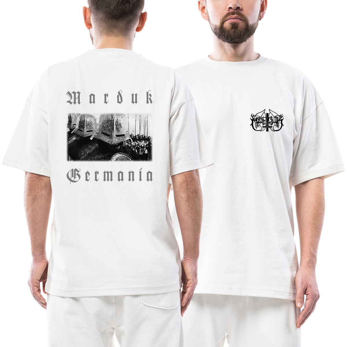 Marduk Logo Germania Ön Arka Baskılı Beyaz Oversize Tişört