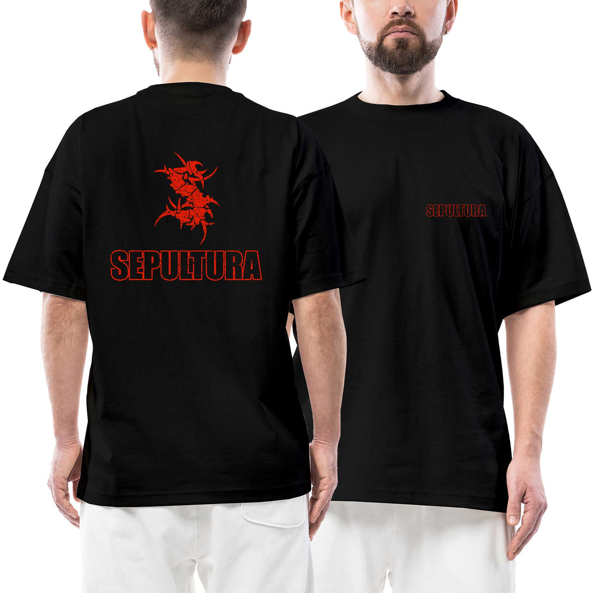 Sepultura Red Text Logo Ön Arka Baskılı Siyah Oversize Tişört