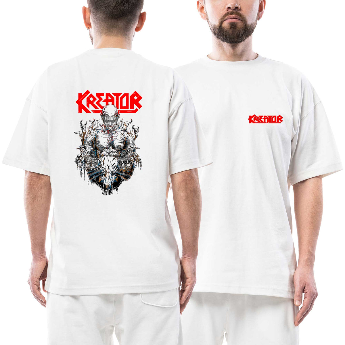 Kreator Logo Red Devil inside Ön Arka Baskılı Beyaz Oversize Tişört