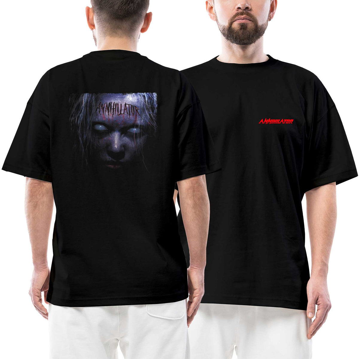 Annihilator Text Logo Portre Ön Arka Baskılı Siyah Oversize Tişört