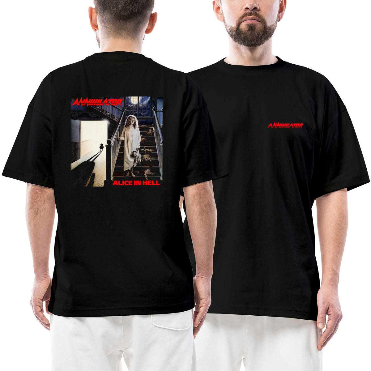 Annihilator Text Logo Alice in Hell Ön Arka Baskılı Siyah Oversize Tişört