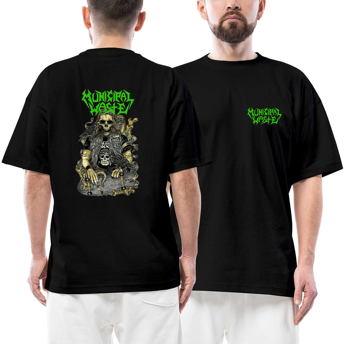 Municipal Waste Green Text Skaterskull Ön Arka Baskılı Siyah Oversize Tişört