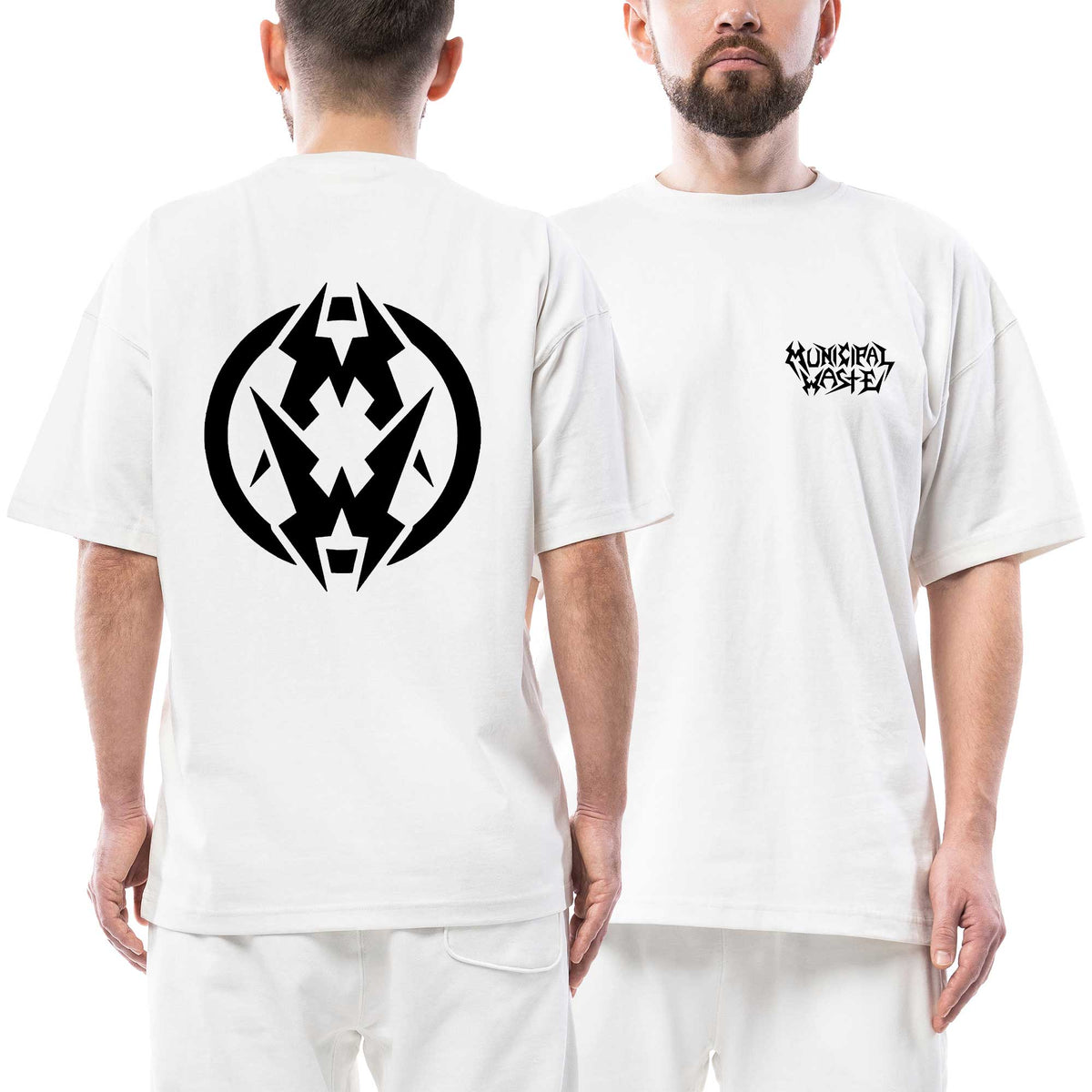 Municipal Waste Black Text Logo Ön Arka Baskılı Beyaz Oversize Tişört