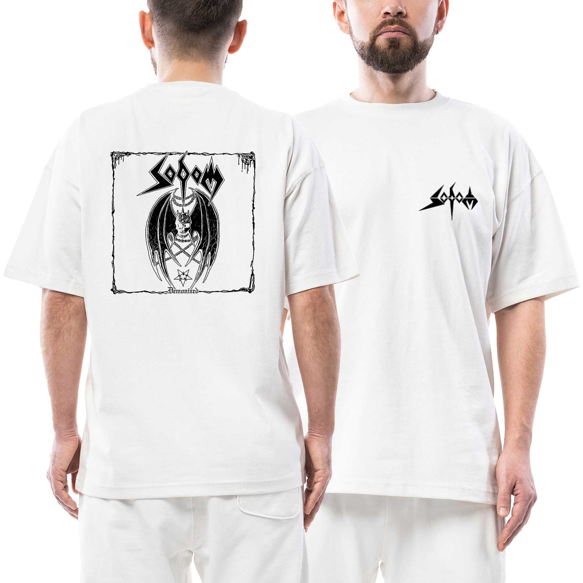 Sodom Black Text Demonized Ön Arka Baskılı Beyaz Oversize Tişört