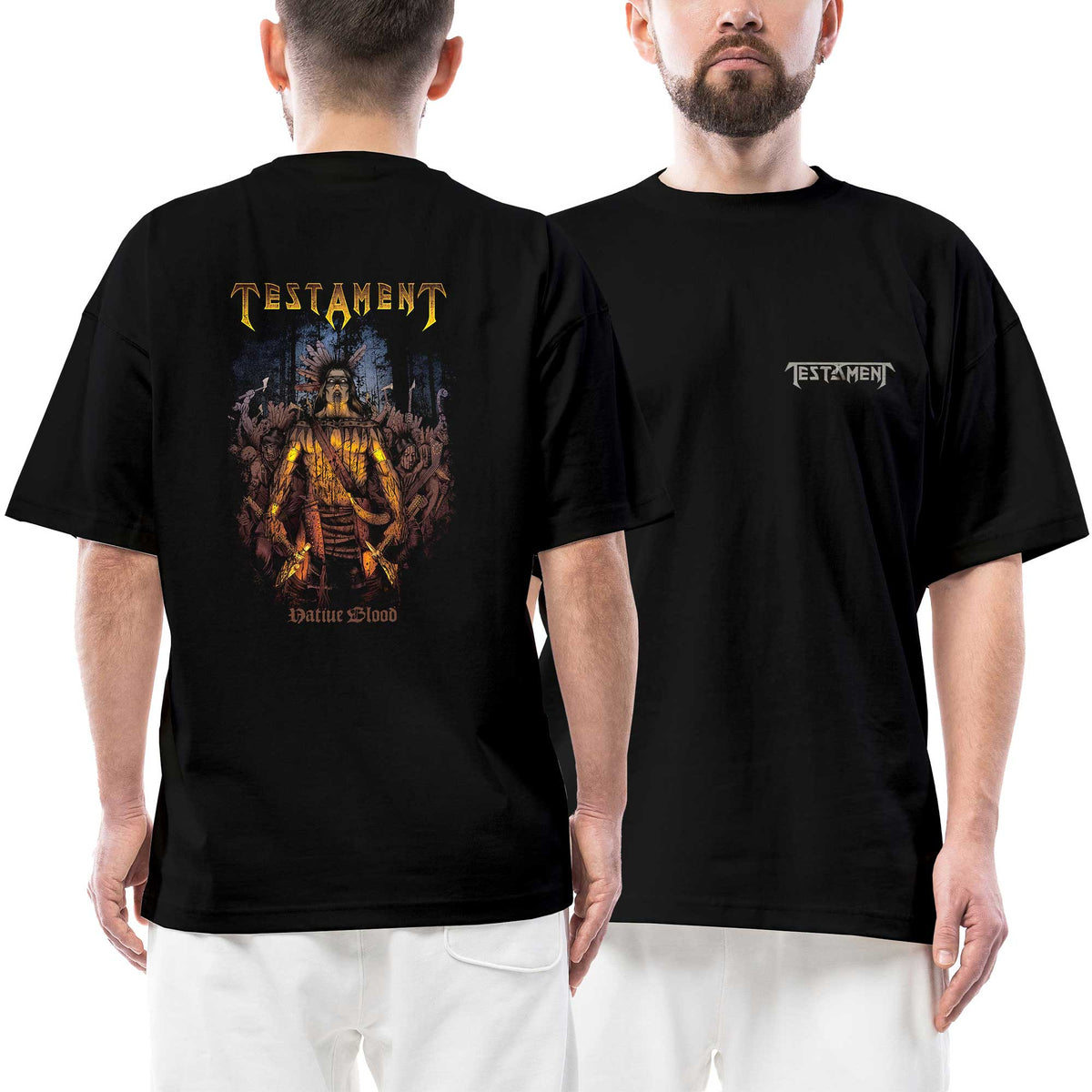 Testament Logo Native Blood Ön Arka Baskılı Siyah Oversize Tişört