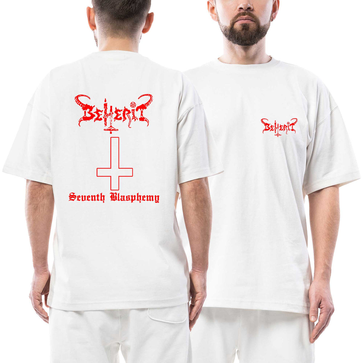 Beherit Red Logo Seventh Blasphemy Ön Arka Baskılı Beyaz Oversize Tişört
